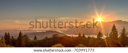 panoramic sunset view from mountaintop, Burnaby Mountain, British Columbia, Canada