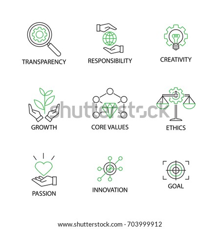 Modern Flat thin line Icon Set in Concept of Business Core Values with word Transparency,Responsibility,Creativity.Growth,Core Values,Ethics,Passion,Innovation,Goal.Editable Stroke. Royalty-Free Stock Photo #703999912