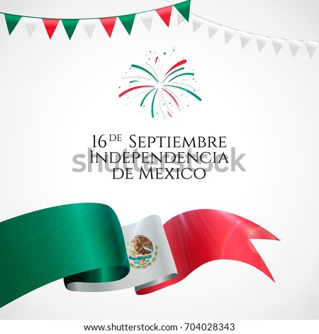 16 September, Mexico Happy Independence Day greeting card. Waving mexican flags and balloons isolated on white background. Patriotic Symbolic background Vector illustration. Royalty-Free Stock Photo #704028343