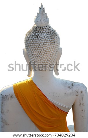 Back of head of ancient stone carving of sitting peace buddha painted with white color, upper body part with golden fabric blanket, backgrounds, decoration, wallpaper