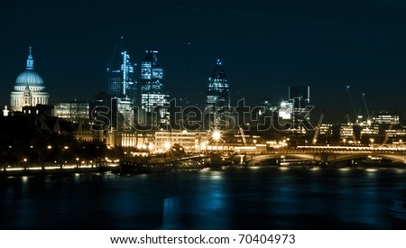 London by night. St Paul's Cathedral and financial district, Blackfriars Bridge