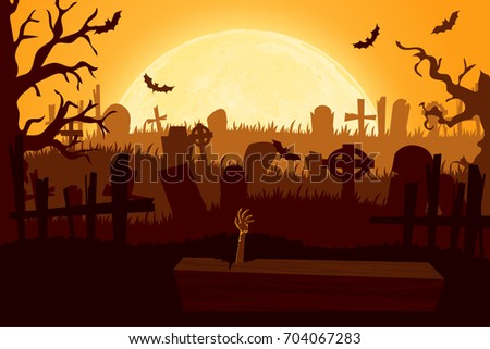 Happy halloween paper cut style. Concept of cemetery. Vector illustration.