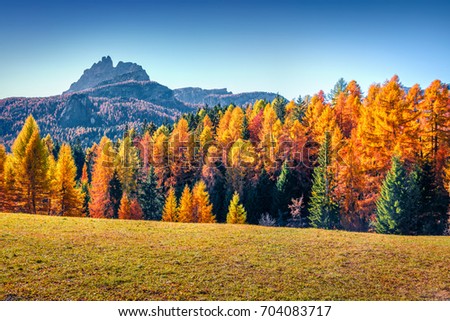 Impressive morning view from the top of Giau pass. Colorful autumn landscape in Dolomite Alps, Cortina d'Ampezzo location, Italy, Europe. Beauty of nature concept background.