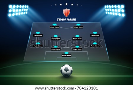 Football background with soccer ball, green field, spotlights and Football formation tactic Royalty-Free Stock Photo #704120101