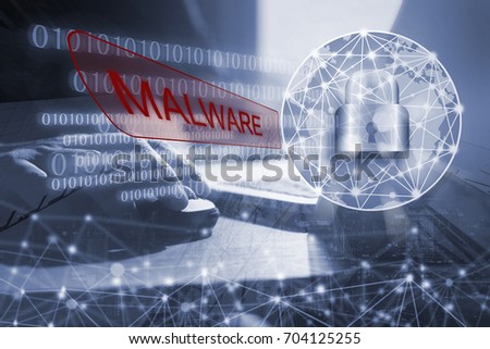 Ransomware, malware cyber security concept,  cityscape in blue tone with technology code background of cyber security icons and internet network globalization on virtual screen