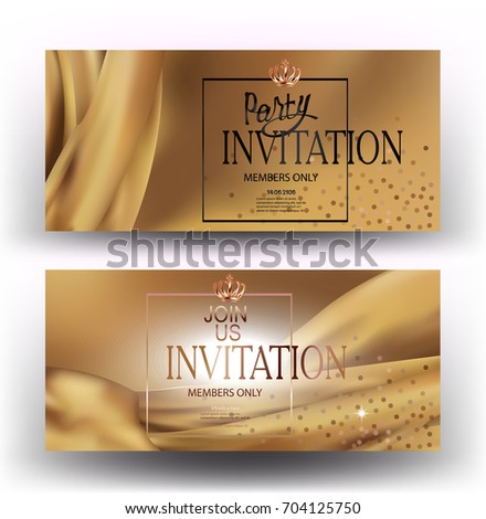 Elegant invitation cards with gold frame and silk cloth on the background. Vector illustration