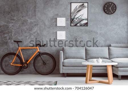 Orange bike next to grey sofa in living room with coffee table,black clock and posters on concrete wall
