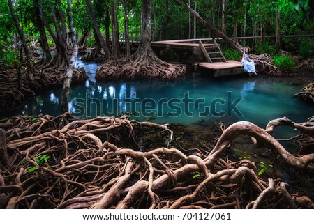 Hipster woman sitting on Wooden bridge to the jungle, Tha pom mangrove forest, Beautiful  Emerald Pool in mangrove forest at Krabi in Thailand.  Royalty-Free Stock Photo #704127061