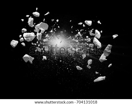split debris caused by explosion against black background Royalty-Free Stock Photo #704131018