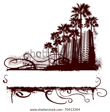 miami surf scene with grunge banner and palm background