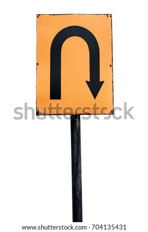 A rectangular metal signpost indicating U-turn for vehicle, isolated against white.
