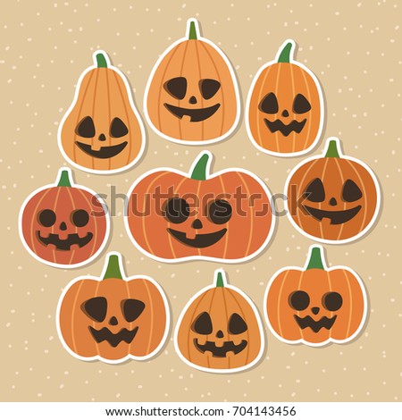 Cute vector set with Halloween pumpkins. Smiling and funny cartoon characters illustration. Isolated icons, stickers