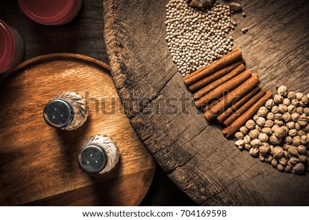 Selection of spices herbs and ingredients for cooking, Food background on wooden table, Top view, Thai cuisine.