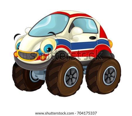 Cartoon happy and funny ambulance car looking like off road vehicle - isolated illustration for children