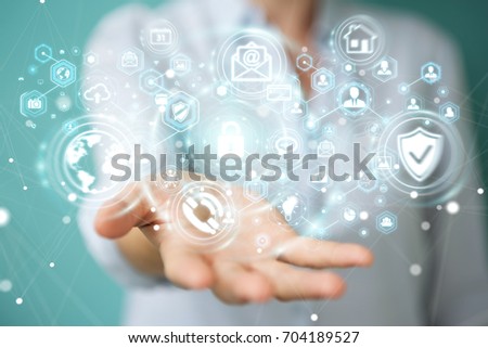 Businesswoman on blurred background protecting her data personal information 3D rendering