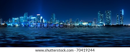 Miami skyline at night with beautiful water reflections