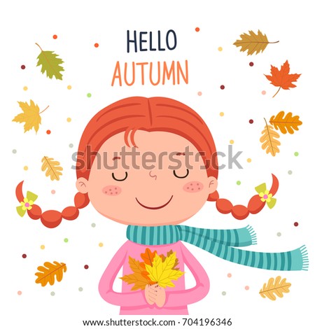 Vector illustration of girl holding autumn leaves. Hello autumn illustration