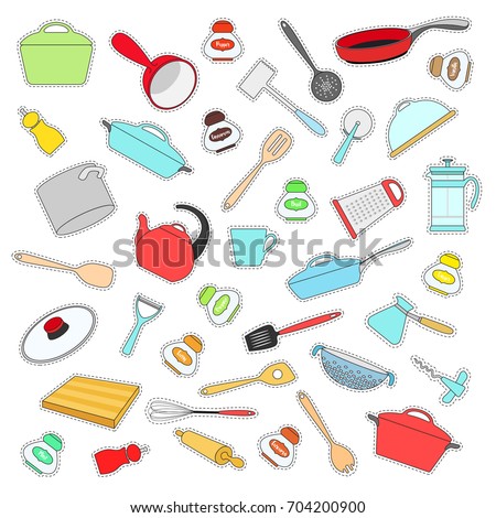 Set of labels with dishes in a flat style. Vector illustration.