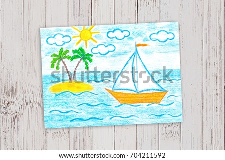 Pencils drawing "Sailing boat and palms island in the sea" on painted wooden wall