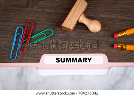 summary concept. Folder Register on a dark wooden desk