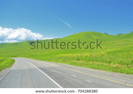 The road is in the foothills of the Altai.