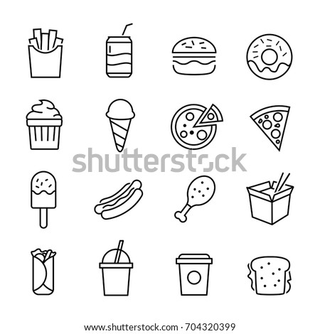 Collection of icons representing fast food, junk food, unhealthy eating. Thin lines style. Royalty-Free Stock Photo #704320399