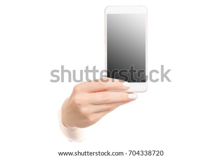 Mobile phone smartphone female hand on white background isolation