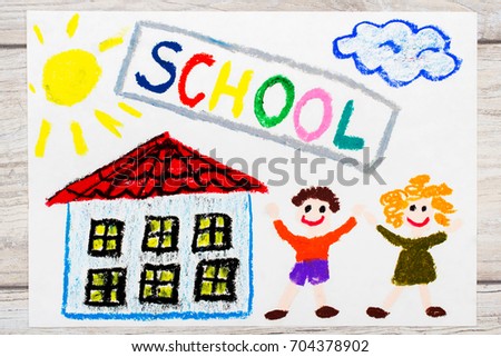 Photo of  colorful drawing: Word SCHOOL, school building and happy children. First day at school. 