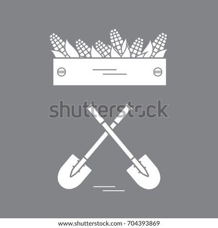 Cute vector illustration of harvest: two shovels and box of corn. Design for banner, poster or print.