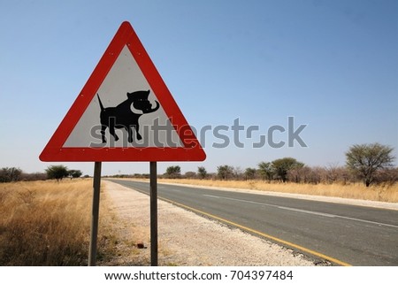 Gobabis / Namibia - July,2017: Caution Sign of warthog crossing near aside of highway in the Namibian lands.