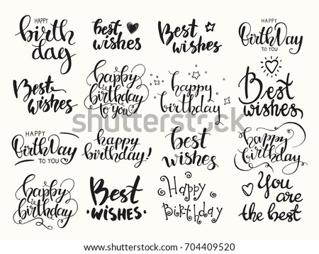 Happy birthday & Best wishes. Handwritten modern brush lettering made with ink. Big artistic collection of design elements for congratulation card, banner, poster, flyer templates. Isolated vector set
