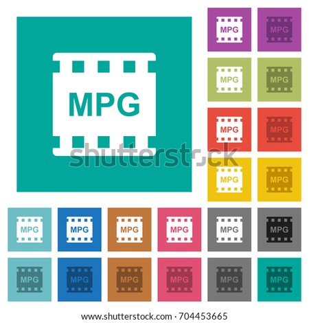 MPG movie format multi colored flat icons on plain square backgrounds. Included white and darker icon variations for hover or active effects.