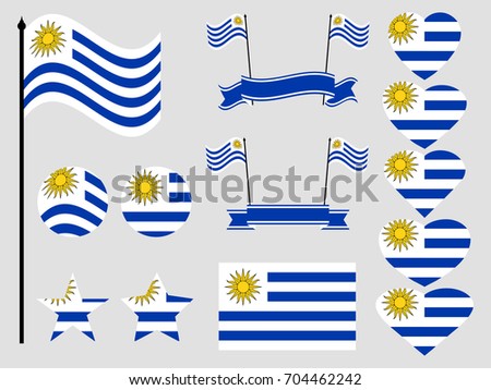 Uruguay flag set symbols, flag in heart. Vector illustration