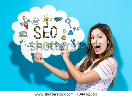 SEO text with young woman holding a speech bubble on a blue background