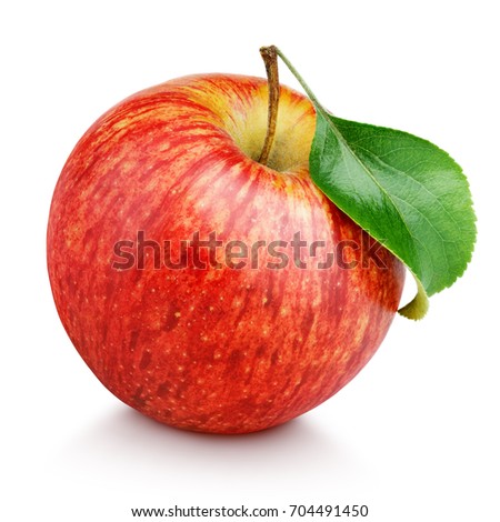 One ripe red apple fruit with green leaf isolated on white background with clipping path