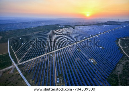 Aerial solar photovoltaic under sunset