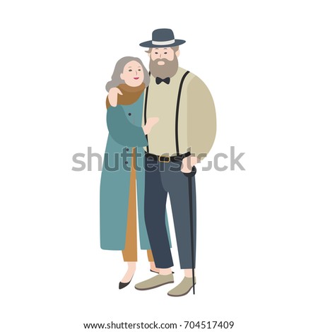 Couple of old man and woman dressed in elegant clothes warmly embracing each other. Lovely cartoon characters isolated on white background. Concept of loving family. Vector flat illustration.