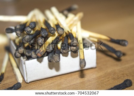 burned safety stick matches, closeup