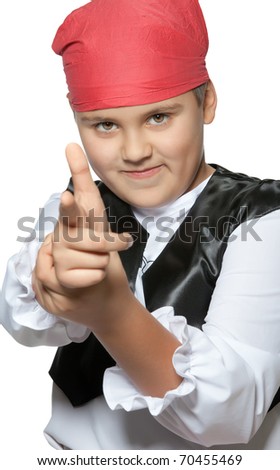 The little boy is dressed in a suit of the pirate. It is isolated on a white background