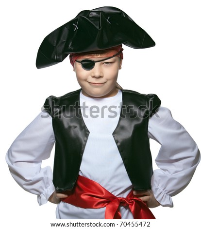 The little boy is dressed in a suit of the pirate. It is isolated on a white background