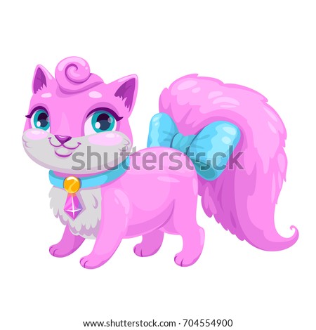 Little cute cartoon kitty princess. Vector adorable kitten icon. Fancy pink cat illustration.