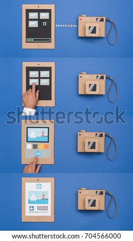 Photo importing from a camera, selection, editing and file sharing online steps; tablet and camera made from recycled cardboard