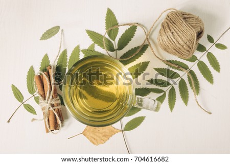 Cup of green tea with autumn leaves. Glass of hot drink on white wooden table. 