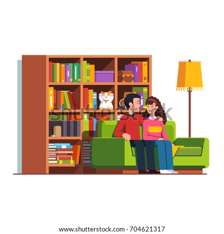 Husband & wife sitting on sofa together. Boyfriend hugging girlfriend. Family love or man & woman romantic relationships. Home living room couch & big bookcase full of books. Flat vector illustration.