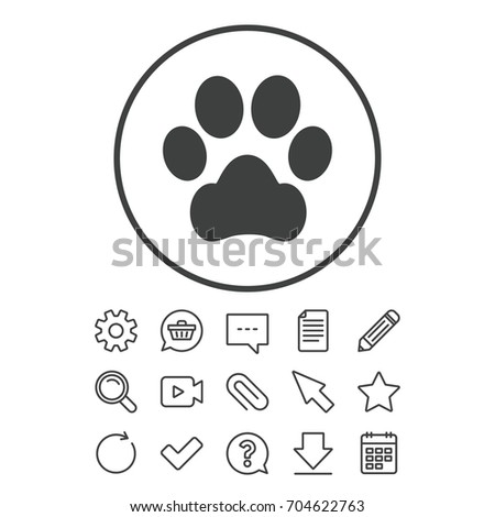 Dog paw sign icon. Pets symbol. Document, Chat and Paper clip line signs. Question, Pencil and Calendar line icons. Star, Download and Shopping cart. Vector