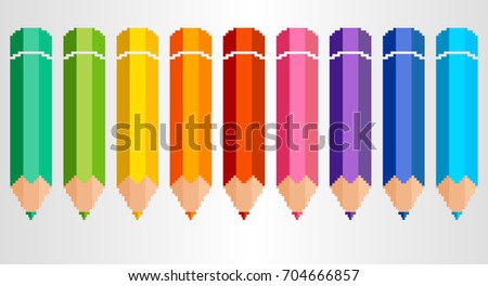 Set of vector illustration with little colorful pixel art pencils on white background.