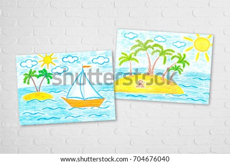 Pencils drawings "Sailing boat in the sea" and "Monkey under palms on island" on white bricks wall