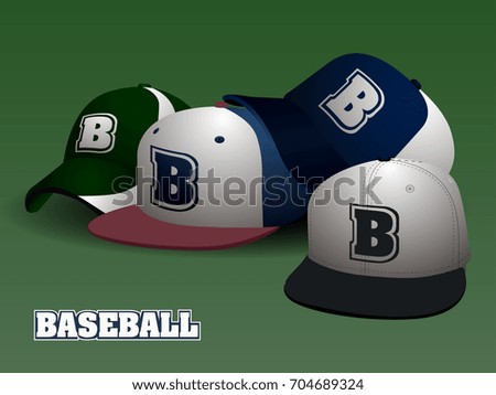 Isolated set of baseball caps with text, vector illustration