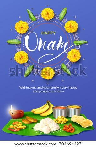 Happy Onam background with rangoli and traditional food (sadya) for South India harvest festival. Vector illustration. Royalty-Free Stock Photo #704694427