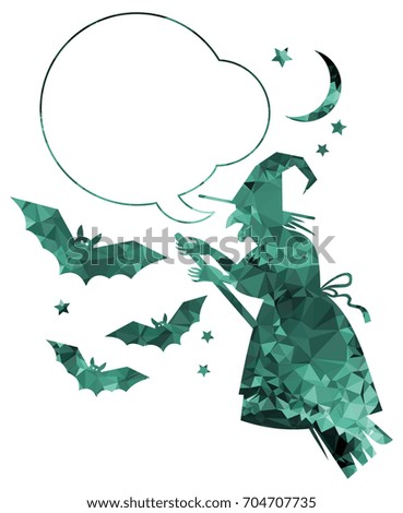 Mosaic silhouette of a witch flying on broom. Raster clip art.